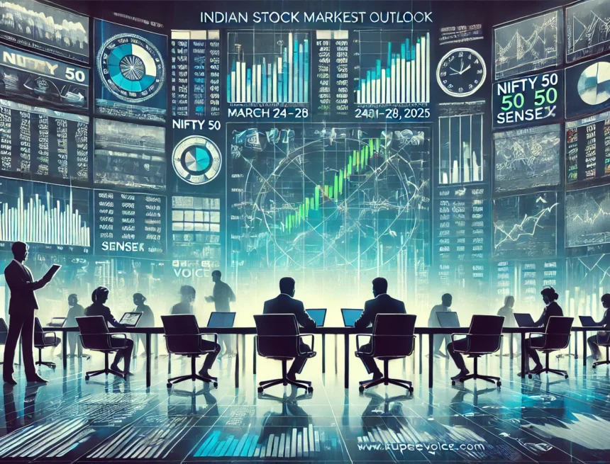 A professional, wide-format featured image representing the Indian stock market analysis for the week of March 24 to 28, 2025