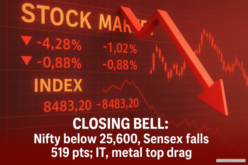 Closing Bell: Nifty below 25,600, Sensex falls 519 pts; IT, metal top drag